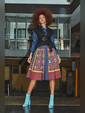 Ankara Print Pleated Knee-Length A-Line Skirt XS